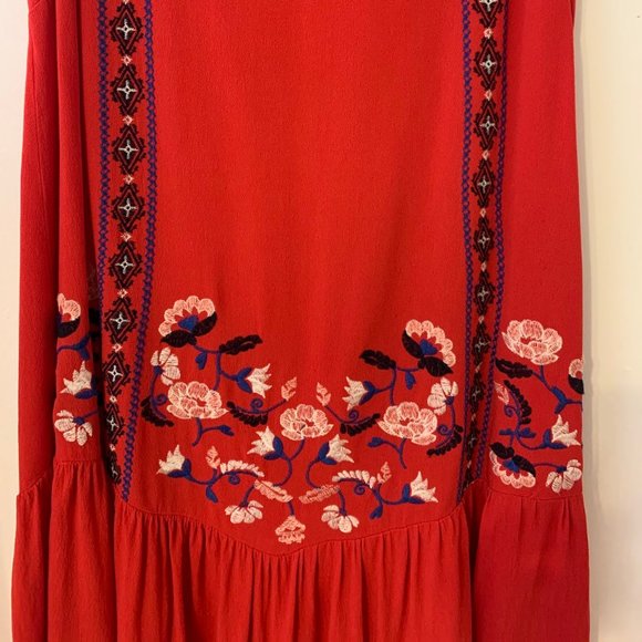 Cute Red Ruffled Embroidered Key Hole Dress - Picture 3 of 5